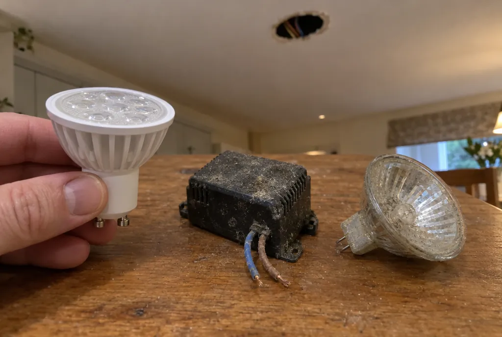 Mano sosteniendo una bombilla LED nueva junto a un transformador electrónico antiguo lleno de polvo y una bombilla halógena dicroica sobre una mesa