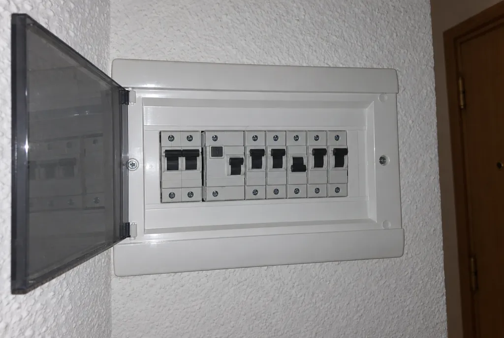 Cuadro eléctrico de vivienda con la tapa transparente abierta: general, diferencial y cinco automáticos, uno de ellos con la palanca a media altura