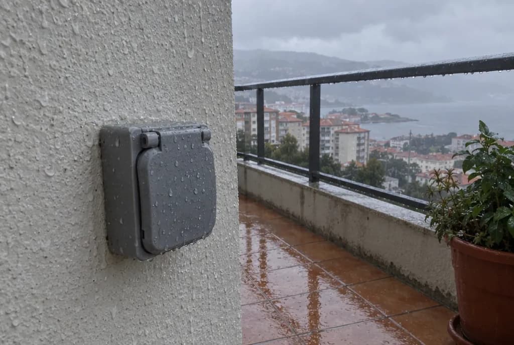 Enchufe exterior con tapa abatible gris mojado por la lluvia en la pared de una terraza con vistas a la ría