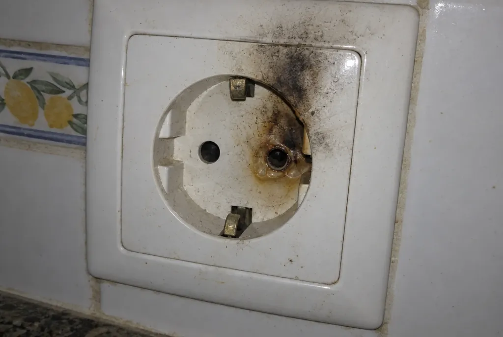 Enchufe schuko en la pared de una cocina con el plástico derretido junto a un agujero y una mancha de hollín hacia arriba