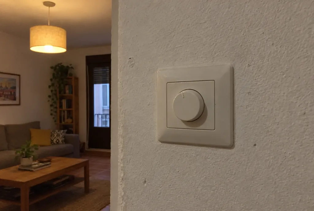 Regulador de luz giratorio blanco en la pared de un salón, con la lámpara de techo encendida al fondo